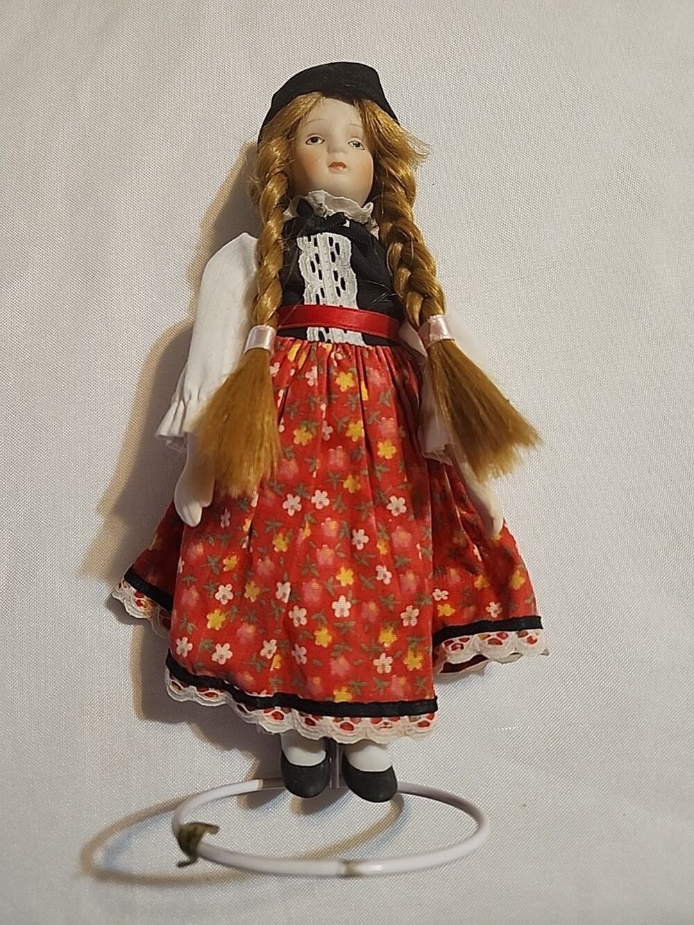 International Doll Porcelain Red Floral Dress Red Braided Hair 8.5" Vintage